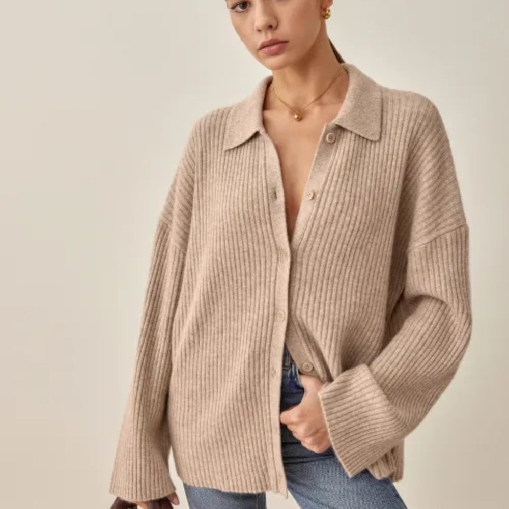 Reformation Fantino Cashmere Collared Cardigan in Oatmeal
